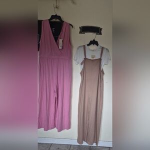 Pink Sleeveless Jumpsuit & Beige Tie-Strap Overalls Duo